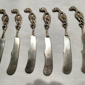 Vintage Silver Italian Butter Knives, Brass Dragon Handles, Set of Six